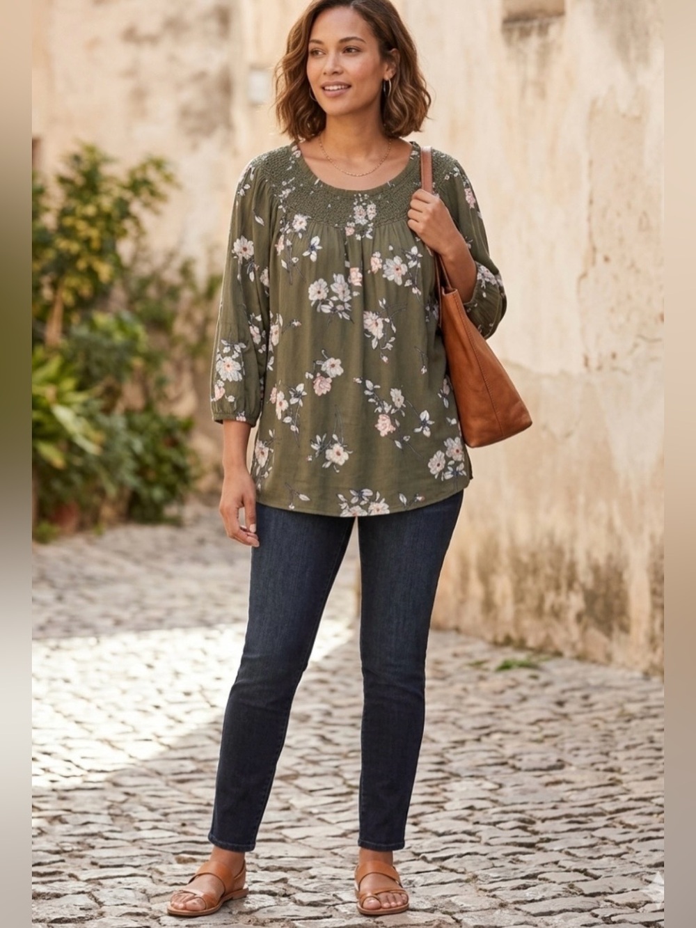 Olive Floral Peasant Top Smocked - Women's large